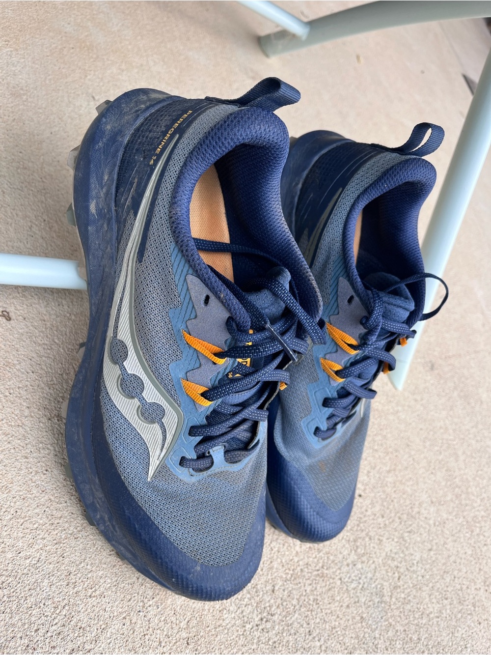 Saucony Navy and Gray Trail Running Shoes with Orange Accents